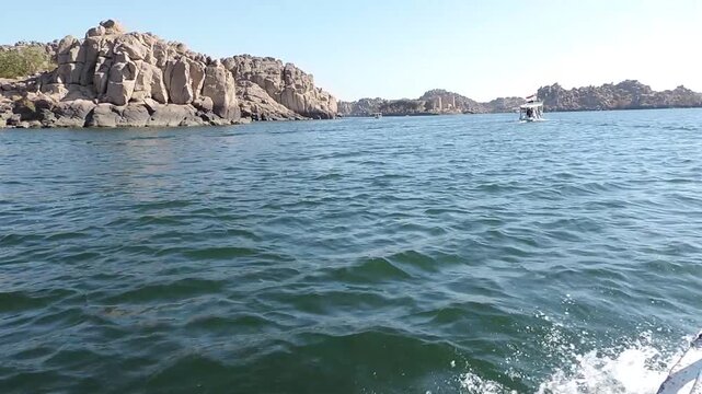 Scenic view of Philae Temple on the island in Aswan, Egypt. Ancient Egyptian architecture