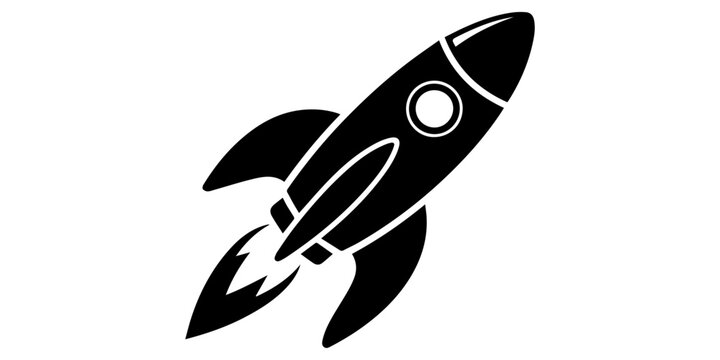 Rocket ship icon set with minimalist black silhouette featuring diagonal launch, circular porthole, engine blast lines with clean lines and flat graphic style,  Create a premium black silhouette