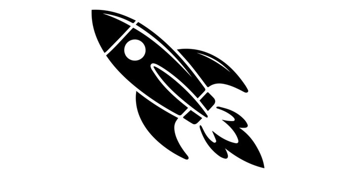 Rocket ship icon set with minimalist black silhouette featuring diagonal launch, circular porthole, engine blast lines with clean lines and flat graphic style,  Create a premium black silhouette