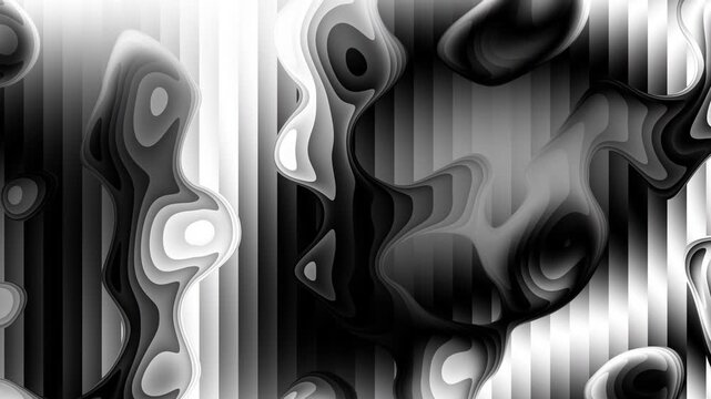 This video features a smooth, looping animation of monochrome wavy lines and three-dimensional organic shapes. High-contrast black and