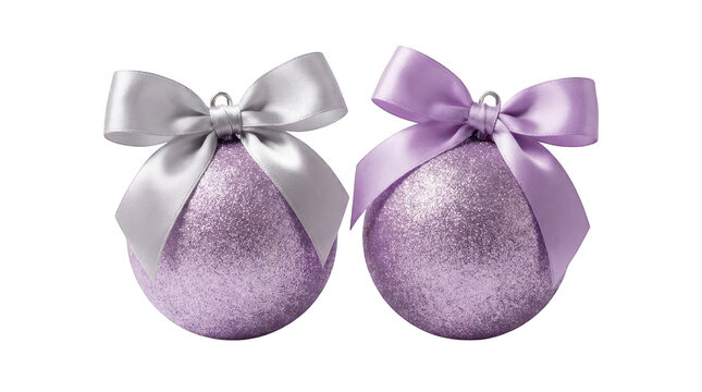Two purple glittery christmas baubles with satin bows isolated on transparent background