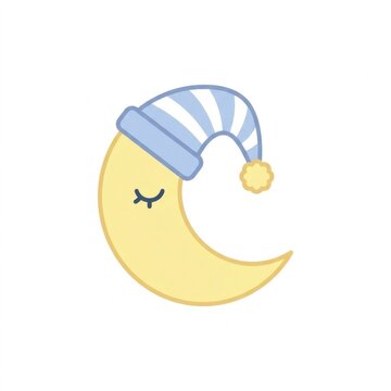 Crescent moon with sleeping eye and striped nightcap illustration