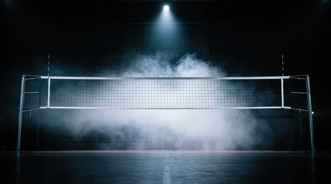 Volleyball net illuminated by a single spotlight on a dark background with atmospheric smoke volleyball spotlight