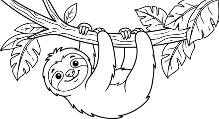 Sloth hanging from a branch black and white line art illustration for coloring pages two toed animal mammal fauna © imranahmed