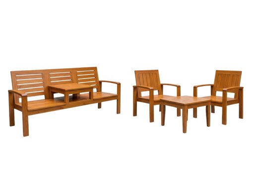 Set of wooden outdoor furniture including a bench with integrated table and two chairs with a side table isolated on transparent background