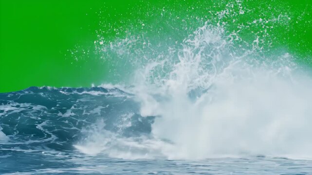 Powerful ocean wave cresting and breaking against a solid chroma key green screen background for visual effects