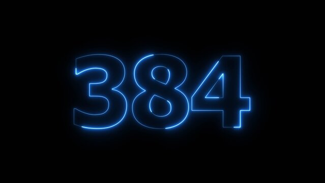 Glowing Blue Neon Number 384 on Black Background.