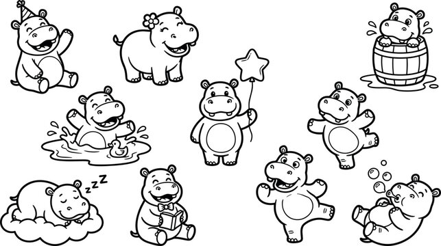 Cute cartoon hippo character vector stickers featuring happy little hippopotamus mascot bundle in various cute playful poses and actions isolated on white background