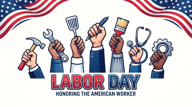 Labor Day celebration with raised hands and tools. American workers honoring national holiday.