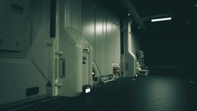 Sterile cryo pod corridor lined with identical storage units and subtle green glow, sealed doors and utility consoles imply longterm containment reflective