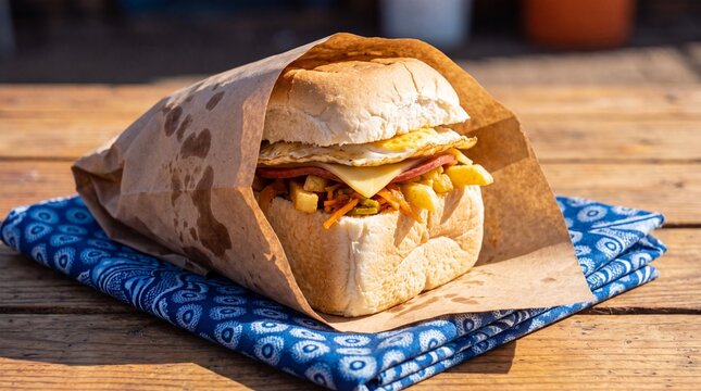 Delicious South African Kota street food sandwich wrapped in paper on traditional blue fabric.