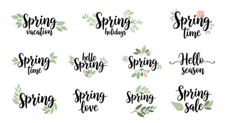 Spring themed typography collection features various hand lettered phrases decorated with delicate green leaves and pink flowers. © MD