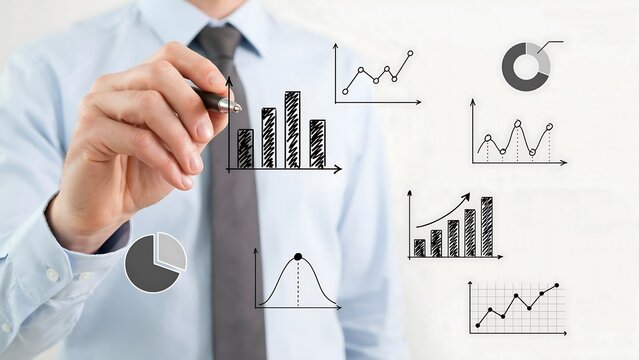 A man in a blue shirt and tie is drawing various charts and graphs on a screen with a pen. The charts include bar graphs, line graphs, pie charts, and a bell curve.