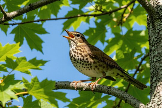 Song thrush sits on tree branch, sings with open beak. Small brown bird with spotted chest perches in forest. Green maple leaves, bright blue sky visible in background. Nature wild animal life in