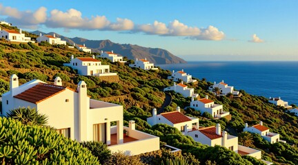 Obraz premium White villas with orange roofs dot a green hillside overlooking deep blue ocean. Houses cluster on steep terrain under clear sky. Coastal landscape offers scenic island views. Peaceful resort area.