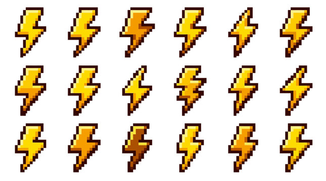 Pixel Art Lightning Bolt Icons Set for Video Game Design