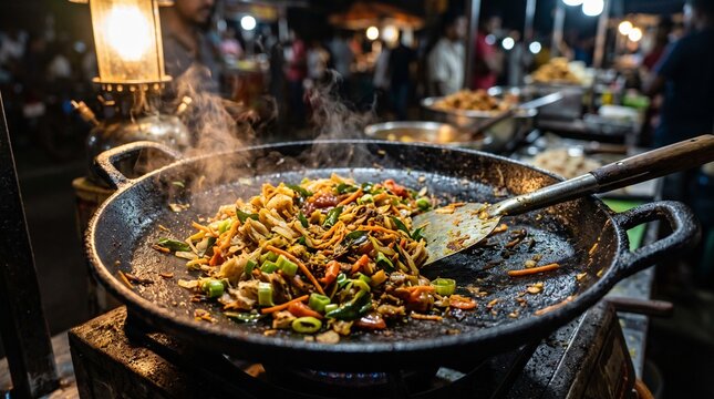 Close up of hot steaming Sri Lankan vegetable kottu roti in a pan