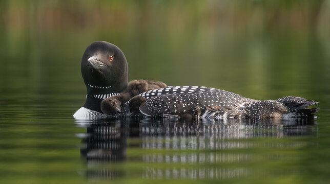 Common loon on a lake at sunrise 