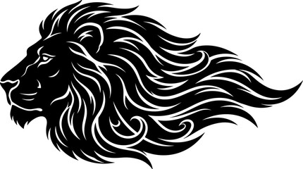 Black lion head profile vector silhouette illustration with flowing mane for logo design and tattoo artwork © fulbabu