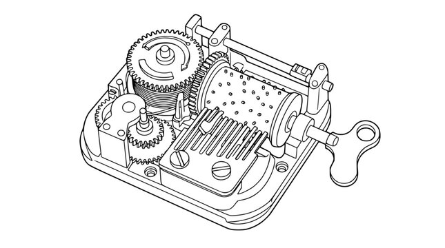 Mechanical Music Box Internal Movement with Gears and Winding Key Illustration