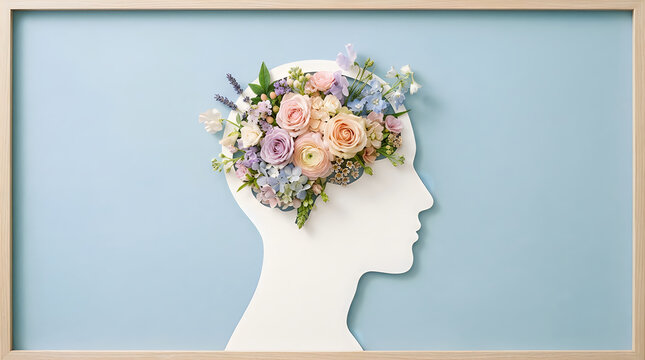 A conceptual representation of mental health day featuring a human head silhouette filled with beautiful colorful blooming spring flowers