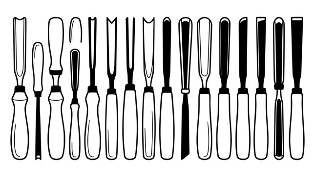 Set of wood carving tools and chisels vector illustration in black and white