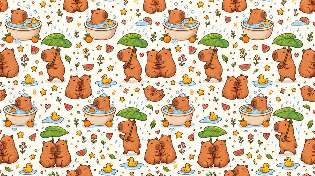 Cute capybara pattern with bath tubs and tropical leaves for fun kids textile design