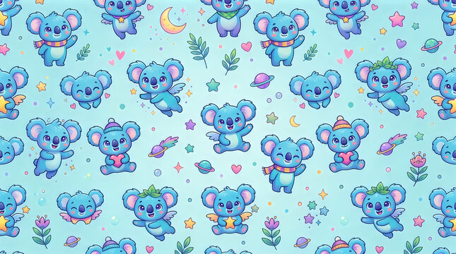 Seamless pattern with cute cartoon koalas on a light green background