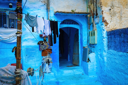Traditional Moroccan house architecture details in blue town Chefchauen in Morocco
