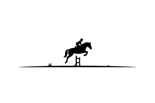 Horse Rider Silhouette Jumping Over Hurdle on White