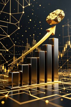 Gold nugget floats above rising bar graph with arrow pointing up. Financial charts and network grid show data growth. Success, profit, wealth increase.
