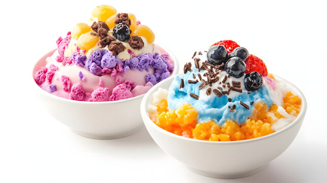Delicious sweet bingsu ice cream with fruit syrup close up view