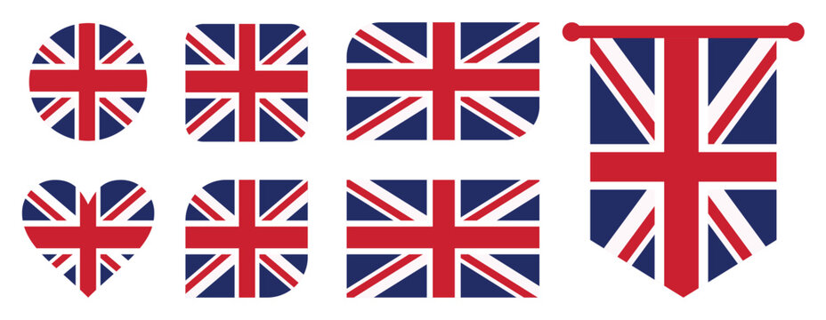 United Kingdom National Flag Collection in Various Shapes Vector Illustration
