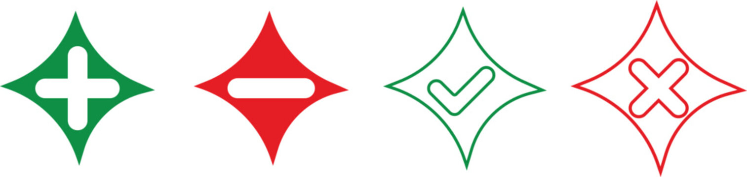 Four diamond shaped icons with plus minus check cross symbols