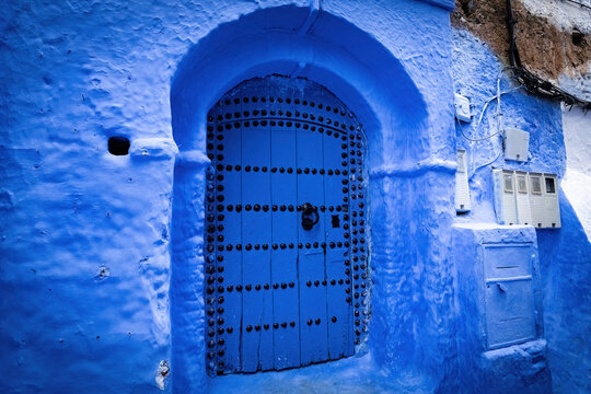 Traditional Moroccan house architecture details in blue town Chefchauen in Morocco