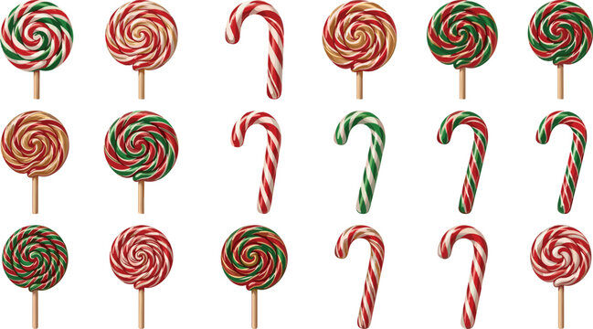 Christmas candy vector set featuring colorful peppermint lollipops and striped cane sweets for festive winter holiday designs isolated on clean white background