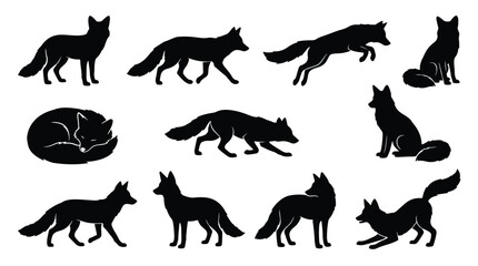 Obraz premium Wolf pack and lone fox silhouette vector icon set. Running, sitting, and howling poses. Minimalist black animal illustrations for wildlife designs.