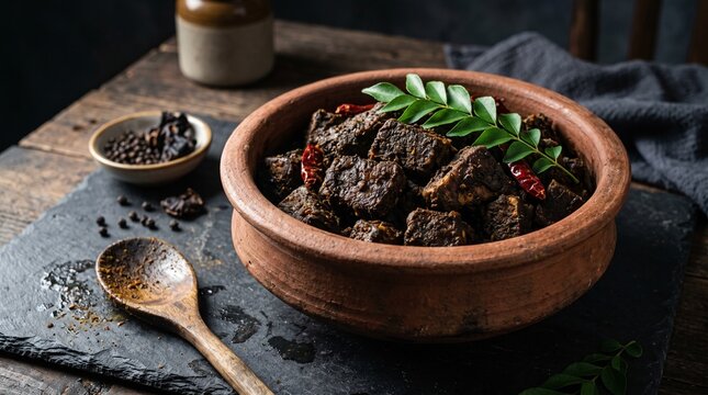 Traditional Sri Lankan dark spicy fish ambul thiyal in a clay pot