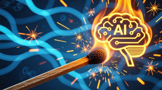 Burning wooden match ignites glowing brain shape representing artificial intelligence tech. Bright fire sparks fly against dark blue background with digital light waves. Illustration explosive risks