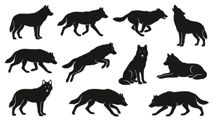 Fototapeta premium German Shepherd dog poses vector set. Running, sitting, standing, and howling silhouettes in solid black. Minimalist animal illustration for design projects.