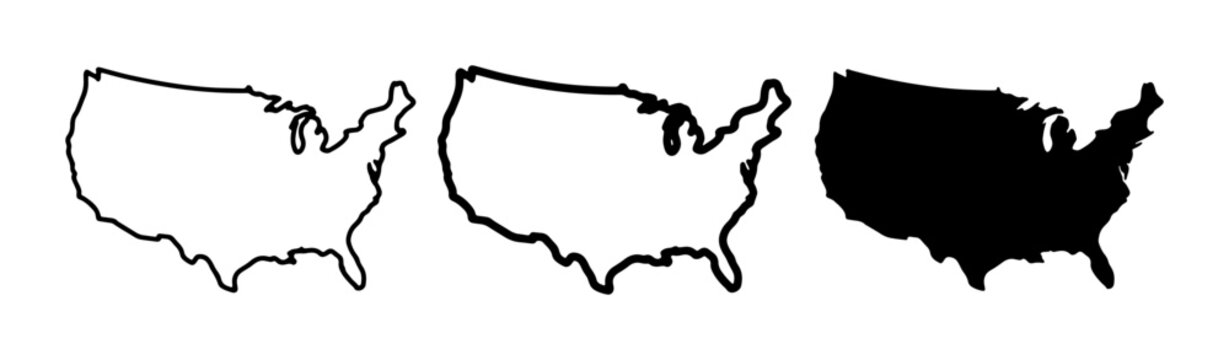 United States Map Outline Set, USA Silhouette, Geographic Representation, Simple Vector Icons for American Concepts