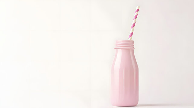 Minimalist pastel pink milkshake bottle with striped straw 3d render