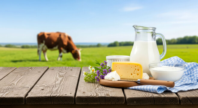 Fresh milk and cheese on a wooden table with blurred grazing cow on a rural farm countryside morning. Wholesome, natural farm-to-table living concept.