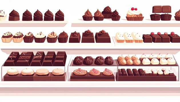Assorted Decadent Chocolate Desserts Displayed on Shelves.