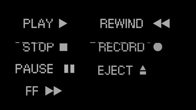 Vintage analog media controls play, stop, record, rewind, fast forward, pause, eject. Embodies concepts of retro video player interaction