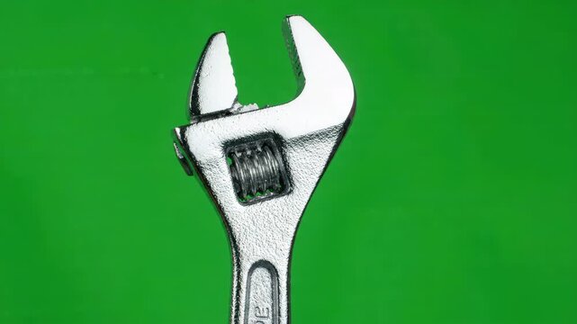 Professional chrome adjustable wrench rotating slowly against a bright chroma key green background for easy video compositing and hardware advertising