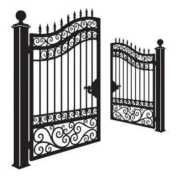Ornate wrought iron gate silhouette vector illustration with decorative scrolls and spikes for entrance security and architectural design