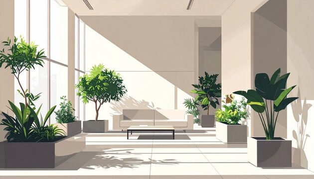 Modern minimalist living room with potted plants and neutral decor.