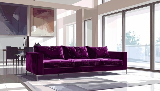 Modern living room with purple velvet sofa and large windows.