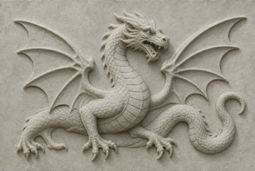 Fototapeta premium Stone relief of a dragon with detailed scales and outstretched wings.